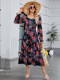 ZAFUL Women's 2025 Long Sleeve Square Neck Fall Boho Floral Midi Dress High Waist Flowy A Line Tiered Wedding Guest Dresses - 7DAY'S