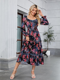 ZAFUL Women's 2025 Long Sleeve Square Neck Fall Boho Floral Midi Dress High Waist Flowy A Line Tiered Wedding Guest Dresses - 7DAY'S