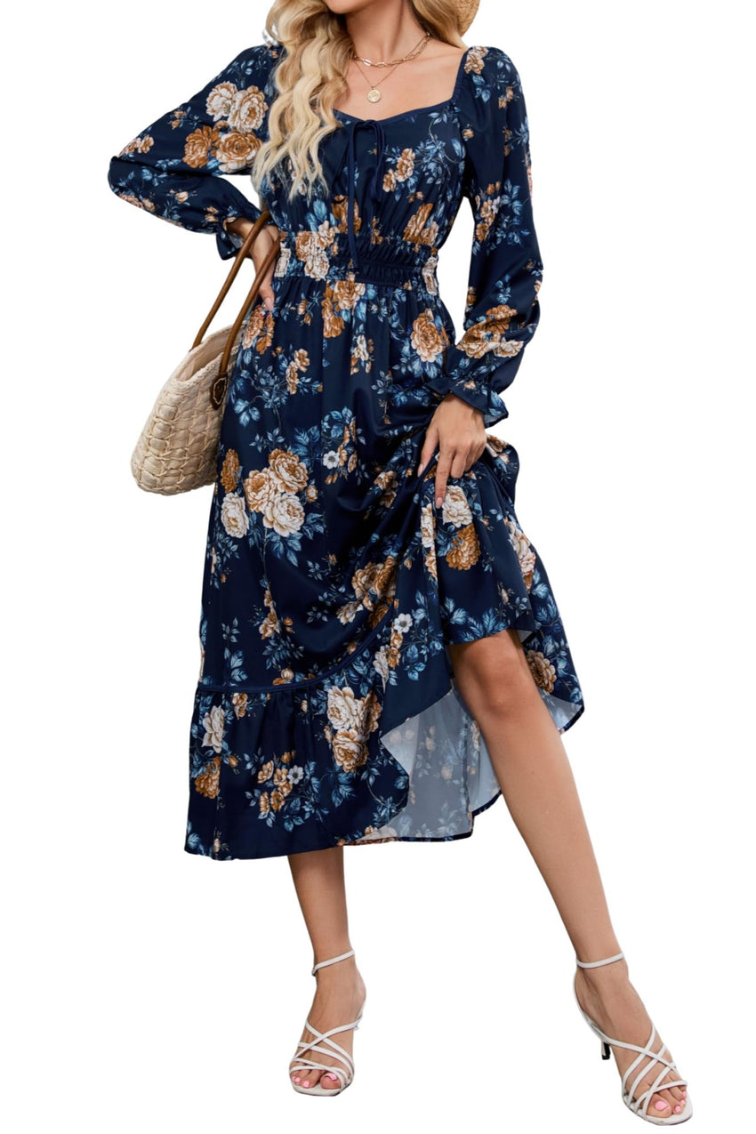 ZAFUL Women's 2025 Long Sleeve Square Neck Fall Boho Floral Midi Dress High Waist Flowy A Line Tiered Wedding Guest Dresses - 7DAY'S