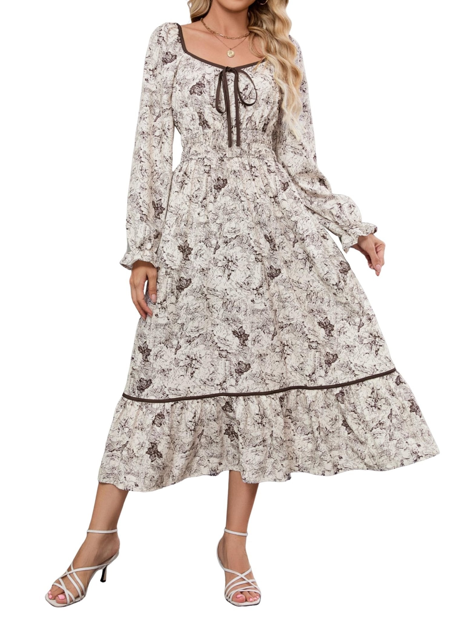 ZAFUL Women's 2025 Long Sleeve Square Neck Fall Boho Floral Midi Dress High Waist Flowy A Line Tiered Wedding Guest Dresses - 7DAY'S