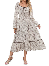 ZAFUL Women's 2025 Long Sleeve Square Neck Fall Boho Floral Midi Dress High Waist Flowy A Line Tiered Wedding Guest Dresses - 7DAY'S