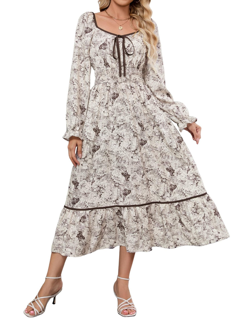 ZAFUL Women's 2025 Long Sleeve Square Neck Fall Boho Floral Midi Dress High Waist Flowy A Line Tiered Wedding Guest Dresses - 7DAY'S