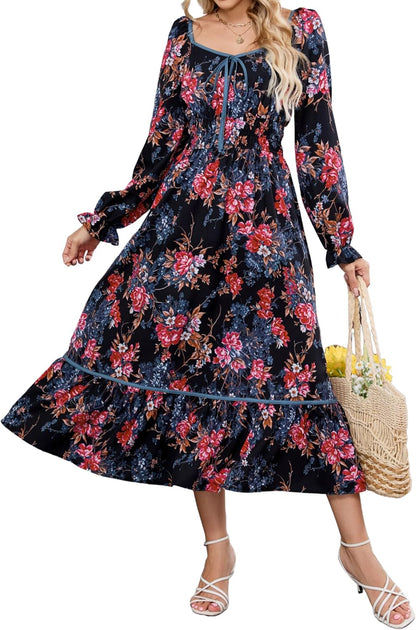 ZAFUL Women's 2025 Long Sleeve Square Neck Fall Boho Floral Midi Dress High Waist Flowy A Line Tiered Wedding Guest Dresses - 7DAY'S