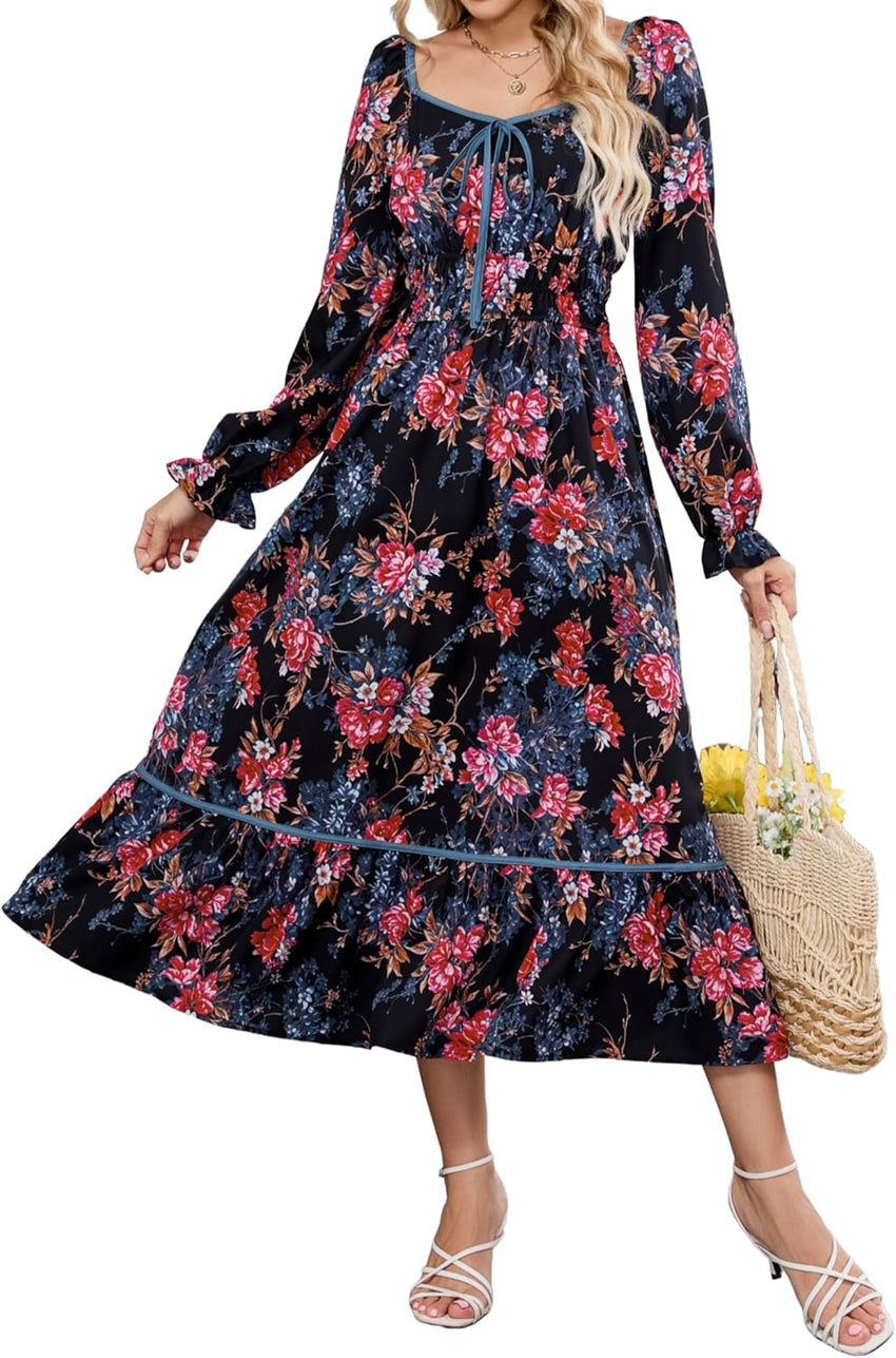 ZAFUL Women's 2025 Long Sleeve Square Neck Fall Boho Floral Midi Dress High Waist Flowy A Line Tiered Wedding Guest Dresses - 7DAY'S