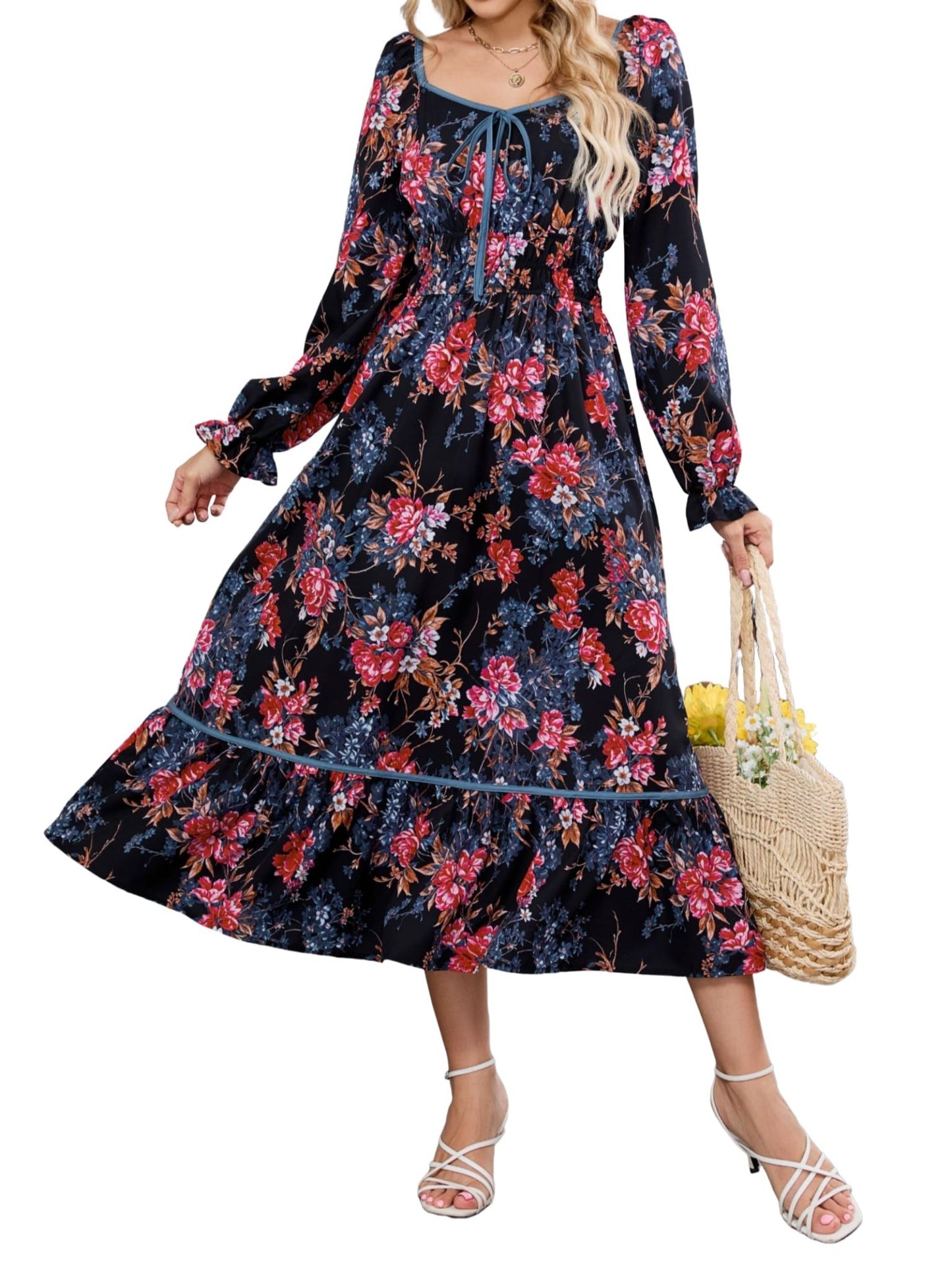 ZAFUL Women's 2025 Long Sleeve Square Neck Fall Boho Floral Midi Dress High Waist Flowy A Line Tiered Wedding Guest Dresses - 7DAY'S