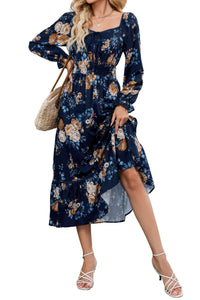 ZAFUL Women's 2025 Long Sleeve Square Neck Fall Boho Floral Midi Dress High Waist Flowy A Line Tiered Wedding Guest Dresses - 7DAY'S