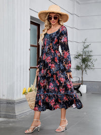 ZAFUL Women's 2025 Long Sleeve Square Neck Fall Boho Floral Midi Dress High Waist Flowy A Line Tiered Wedding Guest Dresses - 7DAY'S