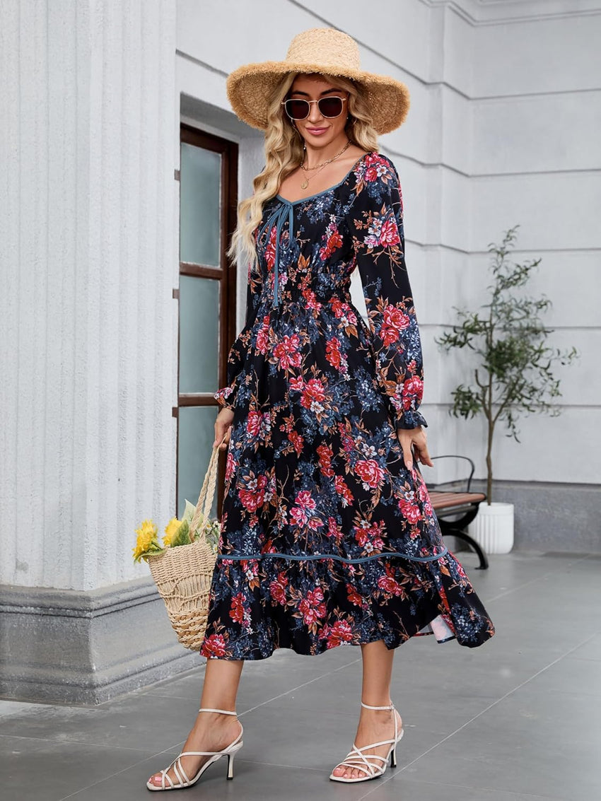ZAFUL Women's 2025 Long Sleeve Square Neck Fall Boho Floral Midi Dress High Waist Flowy A Line Tiered Wedding Guest Dresses - 7DAY'S