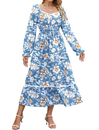 ZAFUL Women's 2025 Long Sleeve Square Neck Fall Boho Floral Midi Dress High Waist Flowy A Line Tiered Wedding Guest Dresses - 7DAY'S