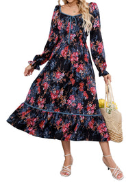 ZAFUL Women's 2025 Long Sleeve Square Neck Fall Boho Floral Midi Dress High Waist Flowy A Line Tiered Wedding Guest Dresses - 7DAY'S