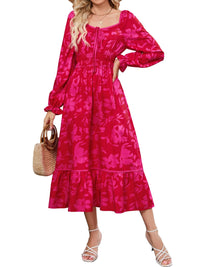 ZAFUL Women's 2025 Long Sleeve Square Neck Fall Boho Floral Midi Dress High Waist Flowy A Line Tiered Wedding Guest Dresses - 7DAY'S