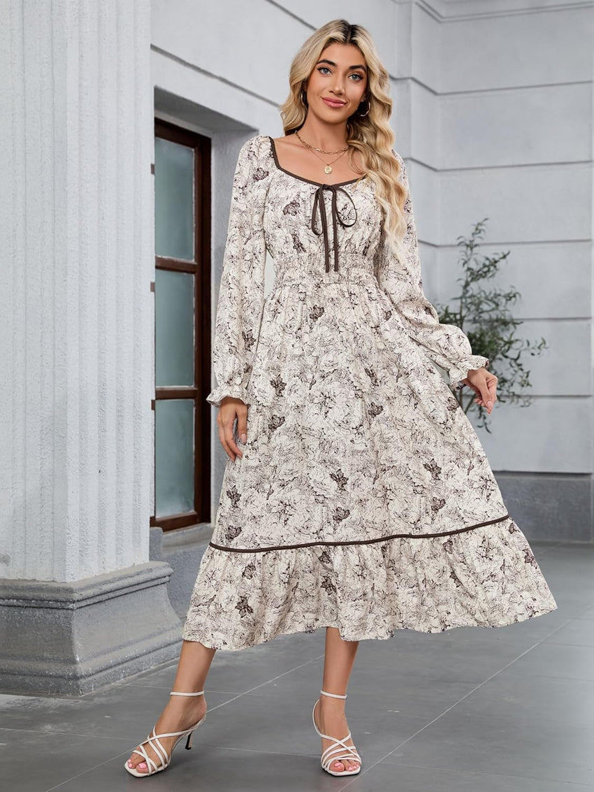 ZAFUL Women's 2025 Long Sleeve Square Neck Fall Boho Floral Midi Dress High Waist Flowy A Line Tiered Wedding Guest Dresses White Brown Small - 7DAY'S
