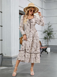 ZAFUL Women's 2025 Long Sleeve Square Neck Fall Boho Floral Midi Dress High Waist Flowy A Line Tiered Wedding Guest Dresses White Brown Small - 7DAY'S