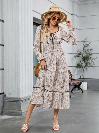 ZAFUL Women's 2025 Long Sleeve Square Neck Fall Boho Floral Midi Dress High Waist Flowy A Line Tiered Wedding Guest Dresses White Brown Small - 7DAY'S