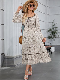 ZAFUL Women's 2025 Long Sleeve Square Neck Fall Boho Floral Midi Dress High Waist Flowy A Line Tiered Wedding Guest Dresses White Brown Small - 7DAY'S