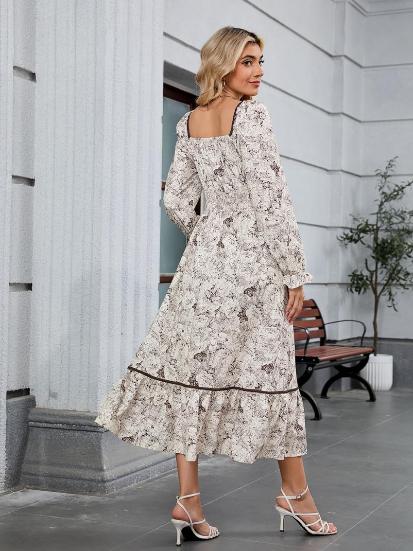 ZAFUL Women's 2025 Long Sleeve Square Neck Fall Boho Floral Midi Dress High Waist Flowy A Line Tiered Wedding Guest Dresses White Brown Small - 7DAY'S