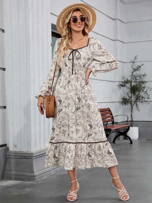 ZAFUL Women's 2025 Long Sleeve Square Neck Fall Boho Floral Midi Dress High Waist Flowy A Line Tiered Wedding Guest Dresses White Brown Small - 7DAY'S