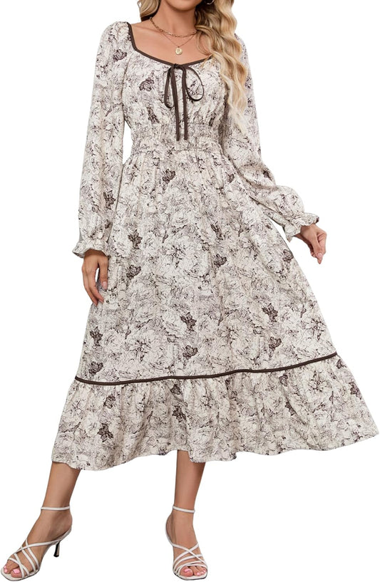 ZAFUL Women's 2025 Long Sleeve Square Neck Fall Boho Floral Midi Dress High Waist Flowy A Line Tiered Wedding Guest Dresses White Brown Small - 7DAY'S