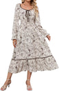 ZAFUL Women's 2025 Long Sleeve Square Neck Fall Boho Floral Midi Dress High Waist Flowy A Line Tiered Wedding Guest Dresses White Brown Small - 7DAY'S