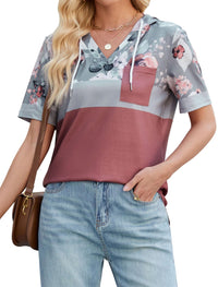 ZAFUL Womens Basic Casual V Neck Hoodie Tunic with Pocket Cotton Cuffed Short Sleeve Work Tops Blouses Shirts - 7DAY'S