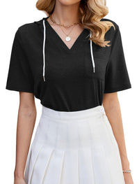 ZAFUL Womens Basic Casual V Neck Hoodie Tunic with Pocket Cotton Cuffed Short Sleeve Work Tops Blouses Shirts - 7DAY'S