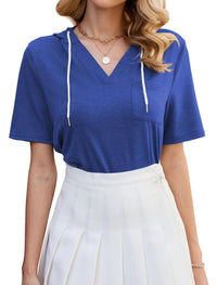 ZAFUL Womens Basic Casual V Neck Hoodie Tunic with Pocket Cotton Cuffed Short Sleeve Work Tops Blouses Shirts - 7DAY'S