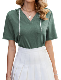 ZAFUL Womens Basic Casual V Neck Hoodie Tunic with Pocket Cotton Cuffed Short Sleeve Work Tops Blouses Shirts - 7DAY'S