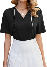 ZAFUL Womens Basic Casual V Neck Hoodie Tunic with Pocket Cotton Cuffed Short Sleeve Work Tops Blouses Shirts - 7DAY'S