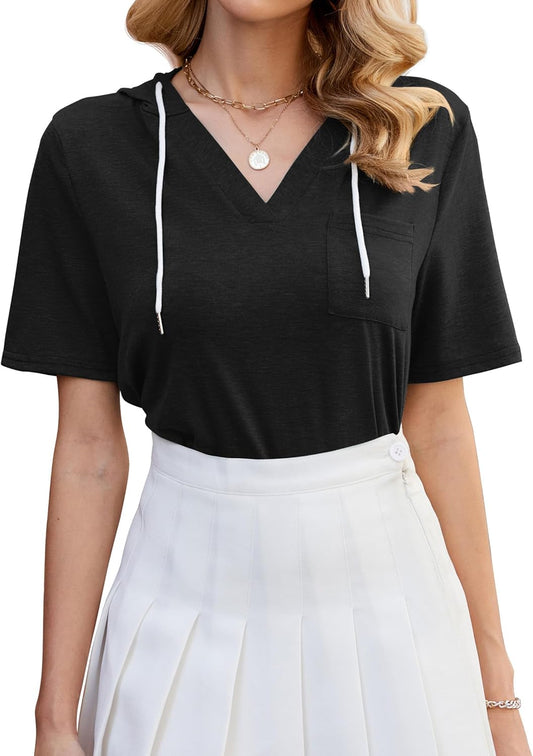 ZAFUL Womens Basic Casual V Neck Hoodie Tunic with Pocket Cotton Cuffed Short Sleeve Work Tops Blouses Shirts - 7DAY'S