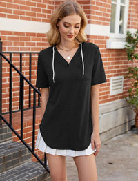 ZAFUL Womens Basic Casual V Neck Hoodie Tunic with Pocket Cotton Cuffed Short Sleeve Work Tops Blouses Shirts - 7DAY'S