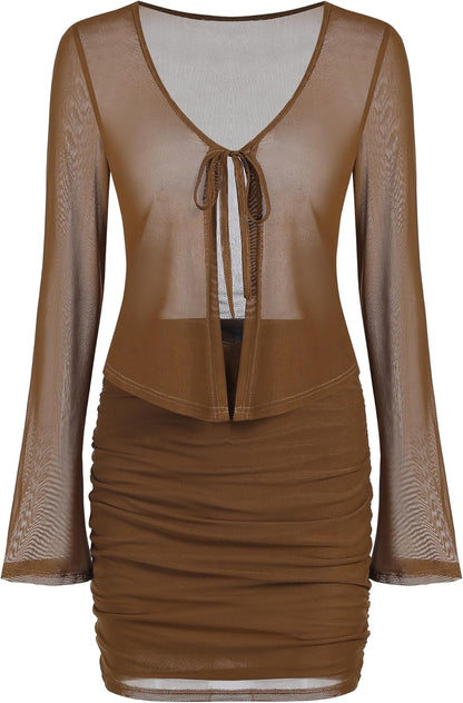 ZAFUL Women's Bell Sleeve Short Chiffon Cardigan Sheer Shrug 2 Piece Outfit Sets for Srping Summer - 7DAY'S