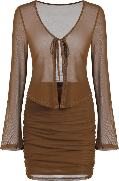 ZAFUL Women's Bell Sleeve Short Chiffon Cardigan Sheer Shrug 2 Piece Outfit Sets for Srping Summer - 7DAY'S