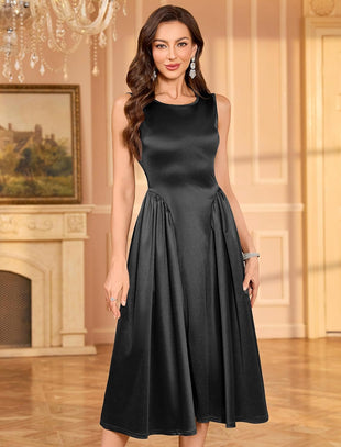 ZAFUL Women's Boat Neck Satin Silk Wedding Guest Dress Modest Sleeveless A Line Cocktail Party Club Midi Dress 2025 Formal Prom Dresses(Black,M) - 7DAY'S