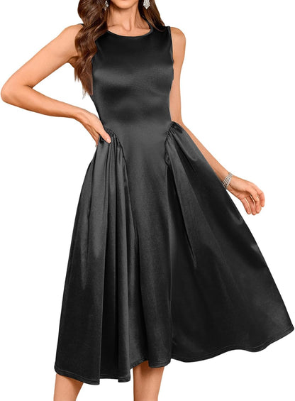ZAFUL Women's Boat Neck Satin Silk Wedding Guest Dress Modest Sleeveless A Line Cocktail Party Club Midi Dress 2025 Formal Prom Dresses(Black,M) - 7DAY'S