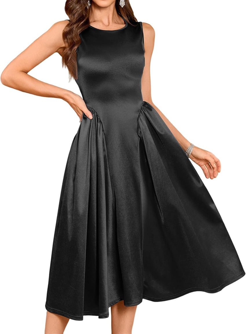 ZAFUL Women's Boat Neck Satin Silk Wedding Guest Dress Modest Sleeveless A Line Cocktail Party Club Midi Dress 2025 Formal Prom Dresses(Black,M) - 7DAY'S