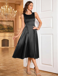 ZAFUL Women's Boat Neck Satin Silk Wedding Guest Dress Modest Sleeveless A Line Cocktail Party Club Midi Dress 2025 Formal Prom Dresses(Black,M) - 7DAY'S