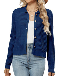 ZAFUL Womens Cable Knit Cardigan Sweater Casual Long Sleeve Open Front Button Down Cardigan Lapel Neck Cropped Sweater - 7DAY'S
