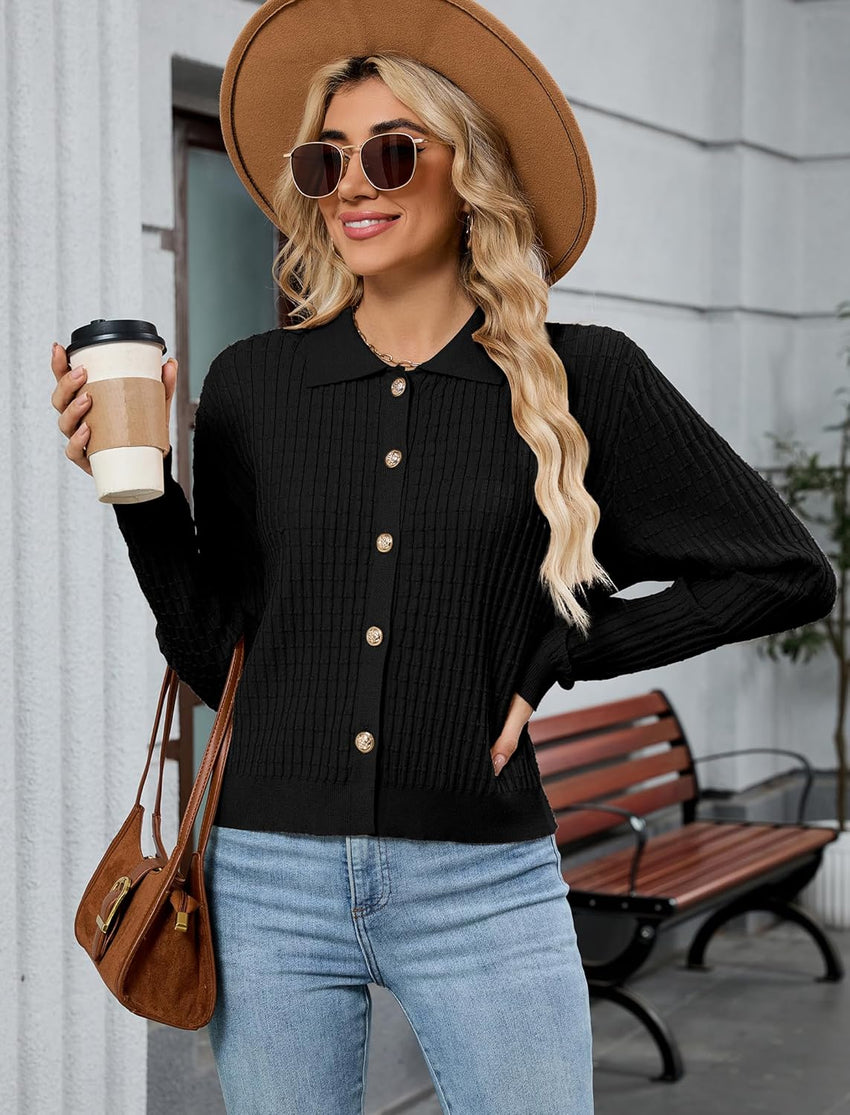 ZAFUL Womens Cable Knit Cardigan Sweater Casual Long Sleeve Open Front Button Down Cardigan Lapel Neck Cropped Sweater - 7DAY'S