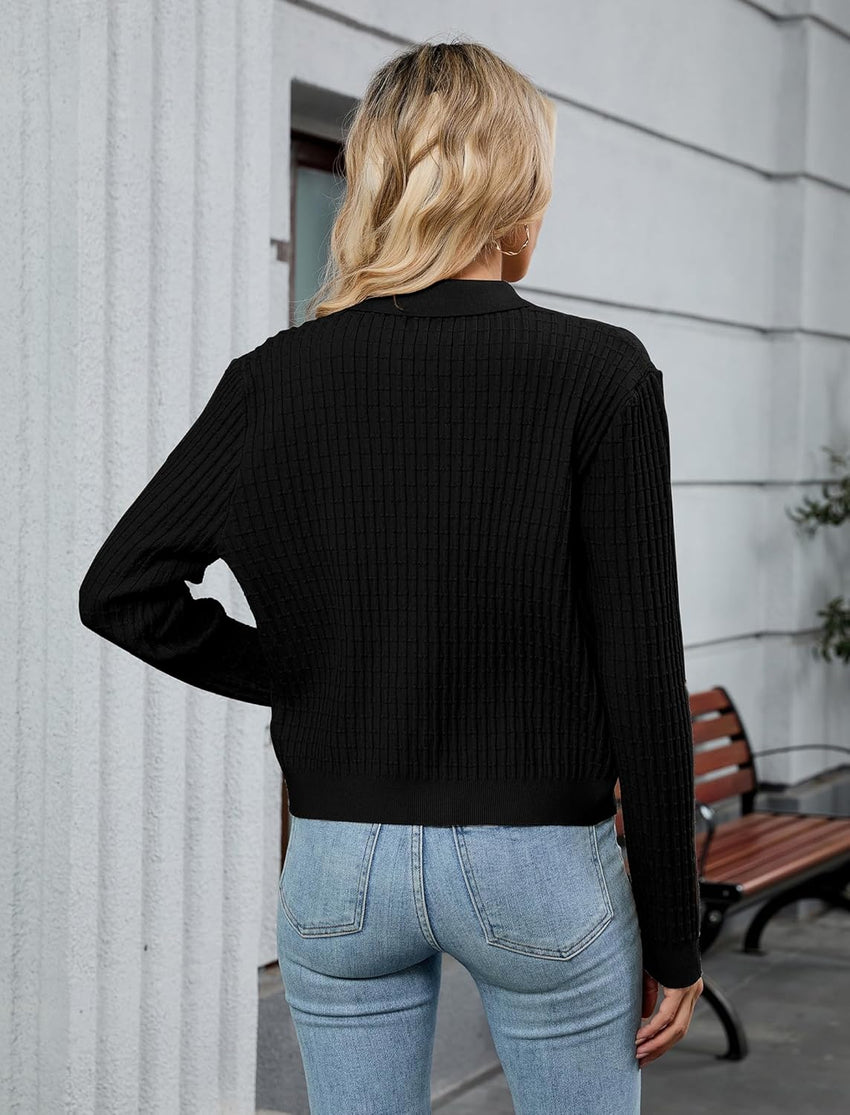 ZAFUL Womens Cable Knit Cardigan Sweater Casual Long Sleeve Open Front Button Down Cardigan Lapel Neck Cropped Sweater - 7DAY'S