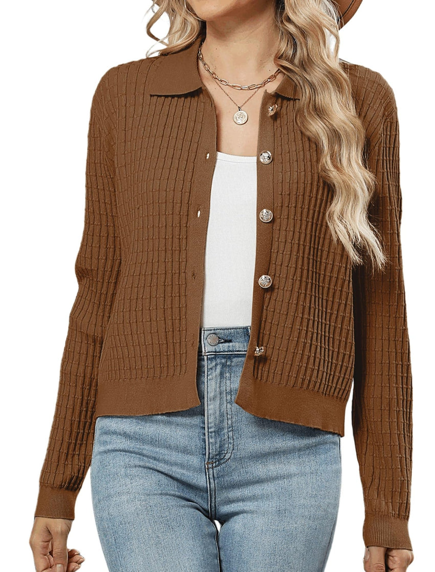 ZAFUL Womens Cable Knit Cardigan Sweater Casual Long Sleeve Open Front Button Down Cardigan Lapel Neck Cropped Sweater - 7DAY'S