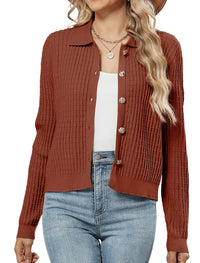 ZAFUL Womens Cable Knit Cardigan Sweater Casual Long Sleeve Open Front Button Down Cardigan Lapel Neck Cropped Sweater - 7DAY'S