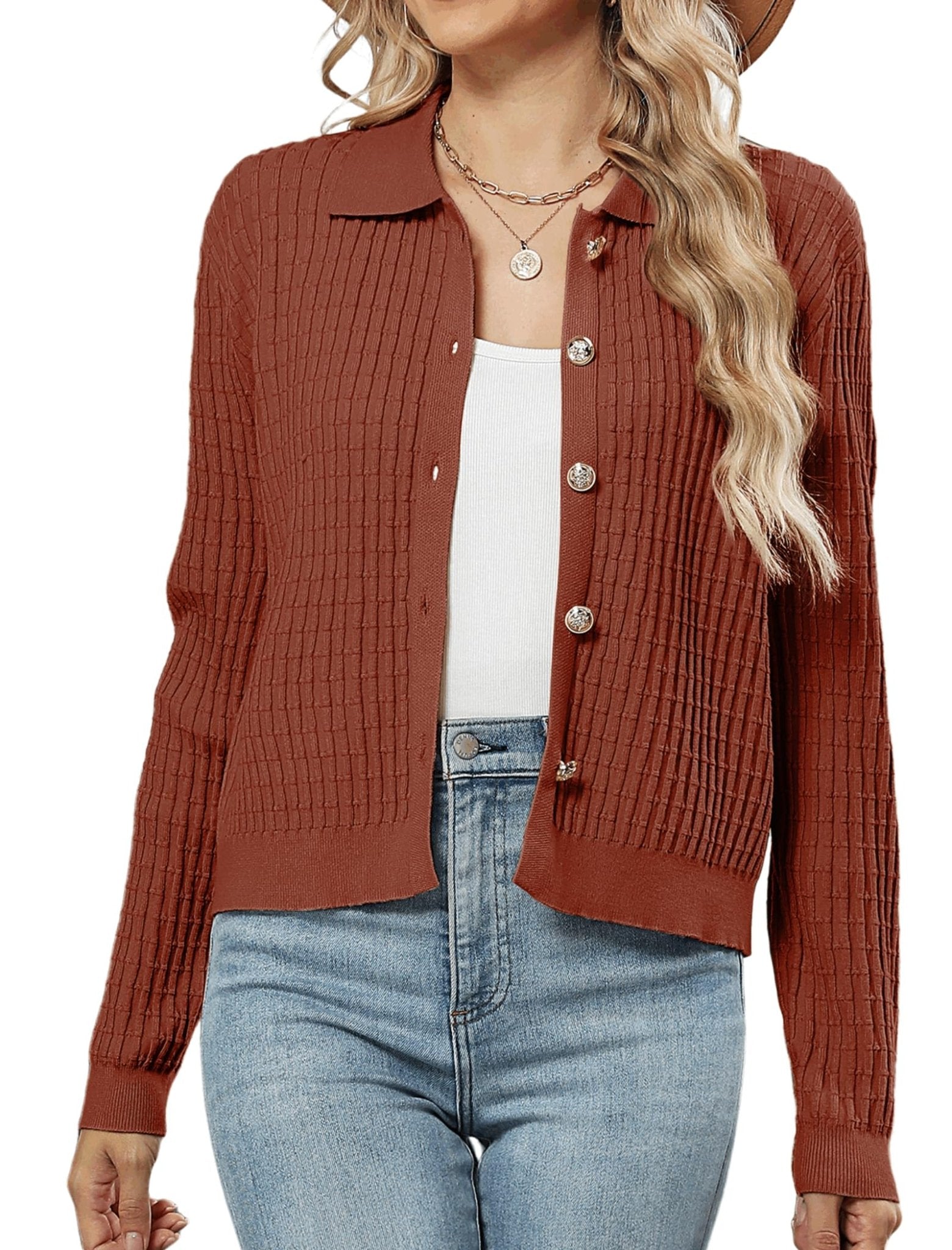 ZAFUL Womens Cable Knit Cardigan Sweater Casual Long Sleeve Open Front Button Down Cardigan Lapel Neck Cropped Sweater - 7DAY'S