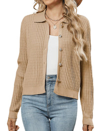 ZAFUL Womens Cable Knit Cardigan Sweater Casual Long Sleeve Open Front Button Down Cardigan Lapel Neck Cropped Sweater - 7DAY'S