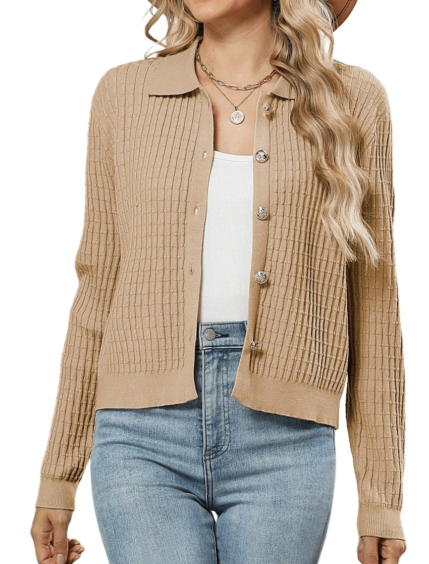 ZAFUL Womens Cable Knit Cardigan Sweater Casual Long Sleeve Open Front Button Down Cardigan Lapel Neck Cropped Sweater - 7DAY'S