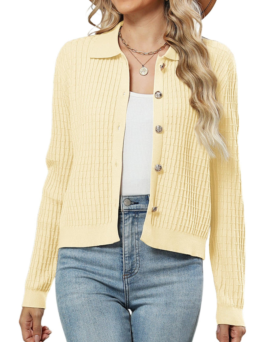 ZAFUL Womens Cable Knit Cardigan Sweater Casual Long Sleeve Open Front Button Down Cardigan Lapel Neck Cropped Sweater - 7DAY'S