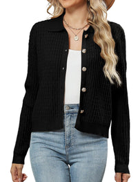 ZAFUL Womens Cable Knit Cardigan Sweater Casual Long Sleeve Open Front Button Down Cardigan Lapel Neck Cropped Sweater - 7DAY'S