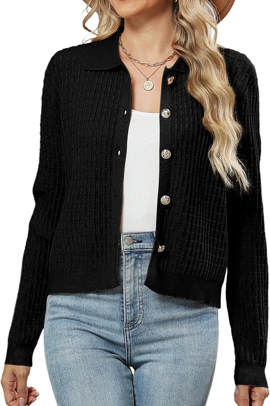 ZAFUL Womens Cable Knit Cardigan Sweater Casual Long Sleeve Open Front Button Down Cardigan Lapel Neck Cropped Sweater - 7DAY'S