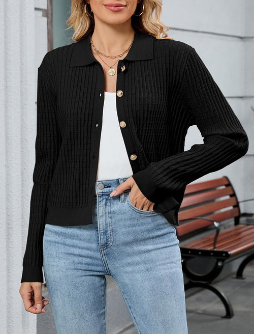 ZAFUL Womens Cable Knit Cardigan Sweater Casual Long Sleeve Open Front Button Down Cardigan Lapel Neck Cropped Sweater - 7DAY'S