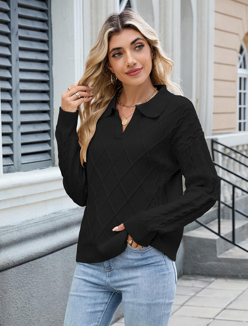 ZAFUL Womens Cable Knit Sweater Classic Lapel Collar Sweater Tops Ladies Soft Fit Casual Chunky Long Sleeve Pullover Sweaters - 7DAY'S