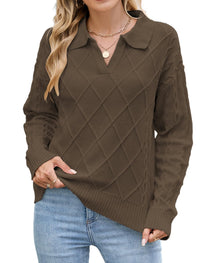 ZAFUL Womens Cable Knit Sweater Classic Lapel Collar Sweater Tops Ladies Soft Fit Casual Chunky Long Sleeve Pullover Sweaters - 7DAY'S